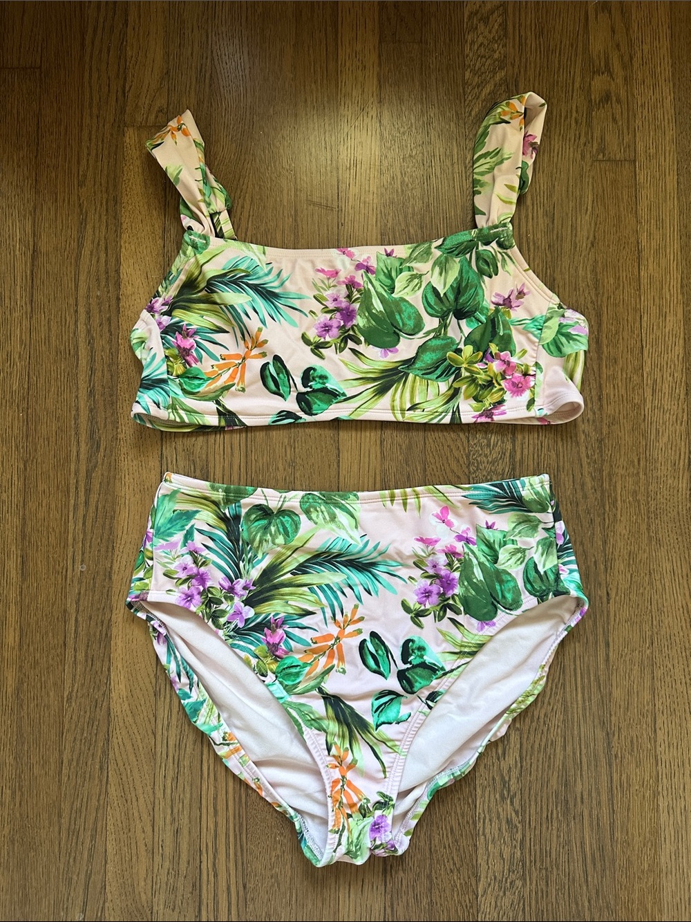 Tropical Floral High-Waist Bikini Set - Green & Pink